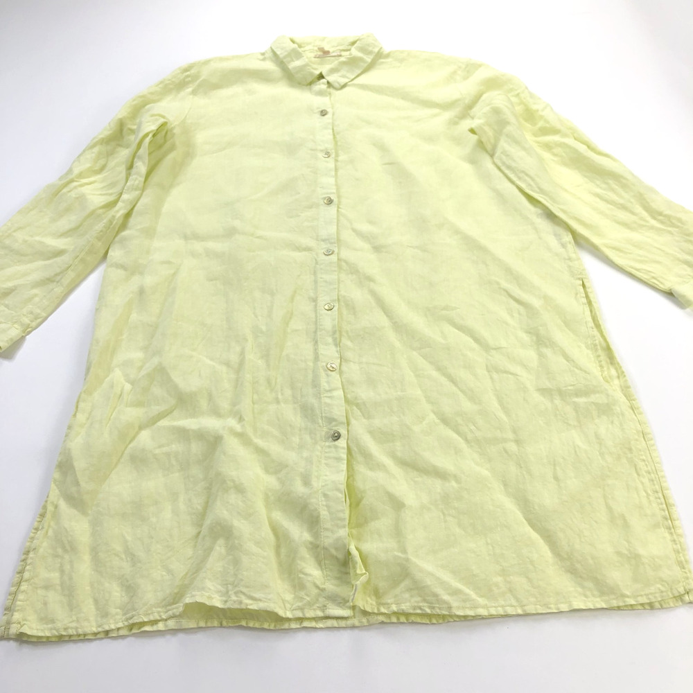 Eileen Fisher Organic Linen LG Button Long Sleeve Tunic Shirt Dress Yellow Lime